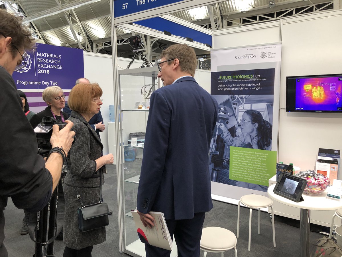 PhotonicsHub's tweet photo. Dr Ruth McKernan CBE, CEO, Innovate UK and Sue Dunkerton OBE, Director, KTN, talking to our experts at #MRE2018 @EpitaxyFacility @ChAMP_ORC https://t.co/vZwFYcHWkW