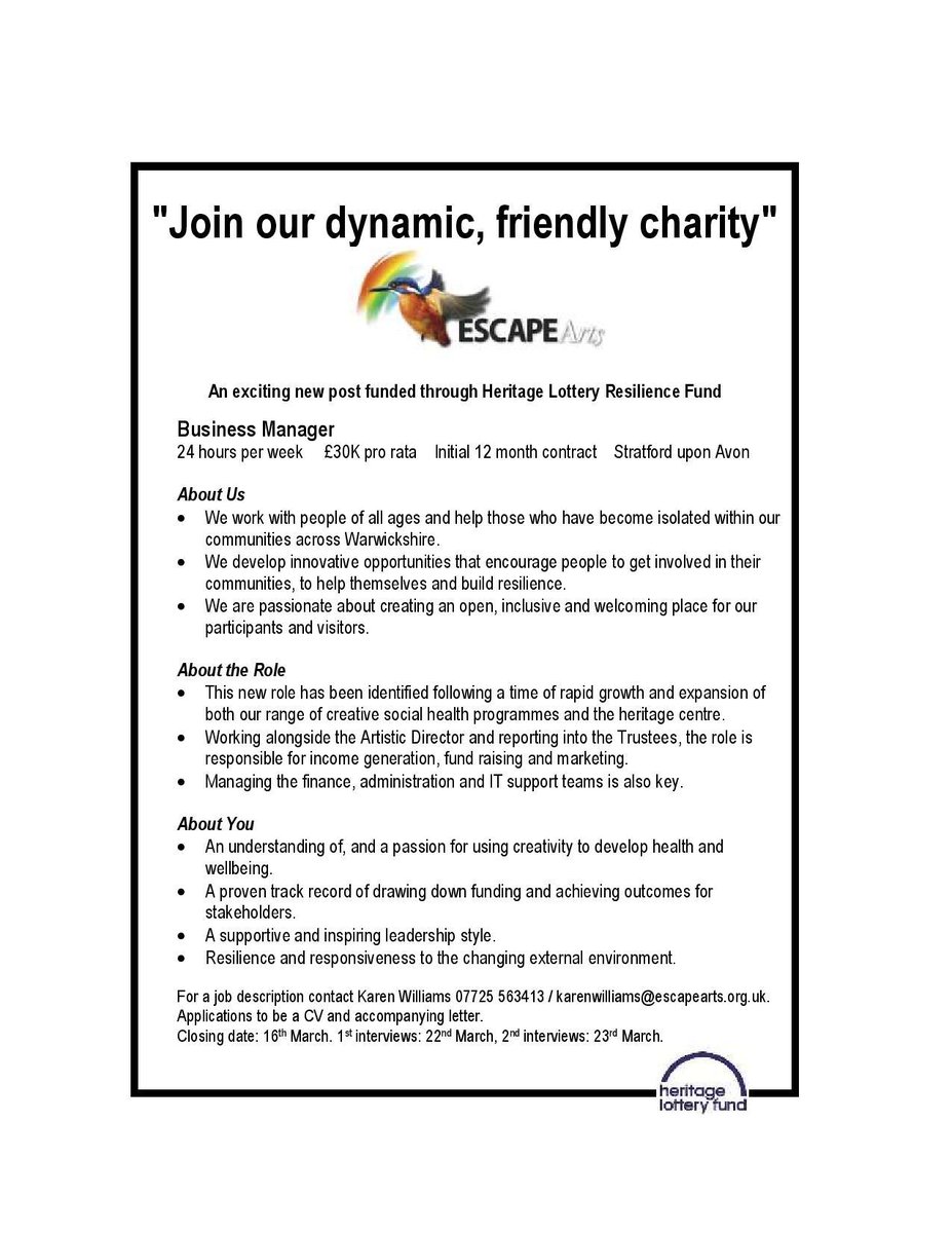 #Business Manager post <a href="/Escape_Arts/">Escape Arts</a> closing date 16th March <a href="/HLFWestMids/">@HLFWestMids</a> @BigLotteryFund @VentureHouseSUA <a href="/wcavaorg/">Warwickshire & Solihull CAVA</a> <a href="/WCCPublicHealth/">Public Health Warwickshire</a> <a href="/Warwickshire_CC/">Warwickshire County Council</a> <a href="/OurWarwickshire/">Our Warwickshire</a> <a href="/sallyent/">Sally Fort</a>