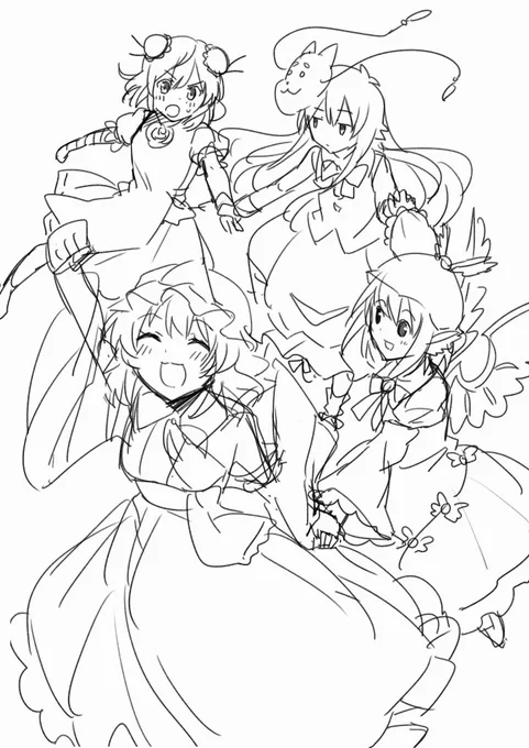 今回の例大祭メインイラストのラフです(^ω^)
久しぶりのピンク髪ズ全員集合!! 