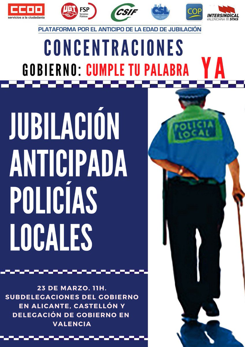 UGTPoliciaLocal's tweet photo. #JubilacionAnticipadaPoliciaLocal CONCENTRACIONES POR EL DERECHO DE LOS Y LAS POLICÍAS LOCALES A LA JUBILACIÓN ANTICIPADA https://t.co/V01lCC63UG