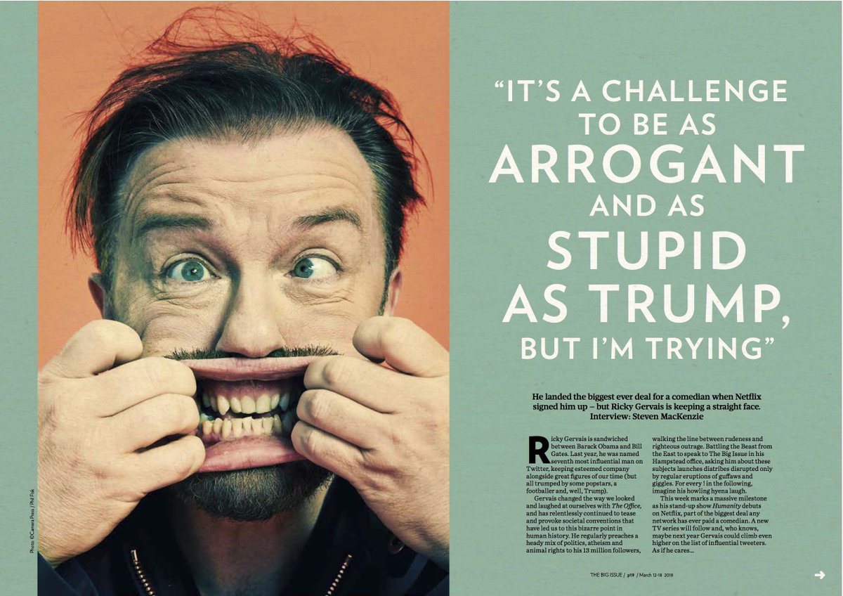 Camera Press (@camerapress) on Twitter photo Comedian <a href="/rickygervais/">Ricky Gervais</a> inside <a href="/thebigissue/">The Big Issue Australia</a> Ricky has secured a landmark deal with <a href="/NetflixUK/">Netflix UK & Ireland</a> for his hit stand up show #Humanity Photo © <a href="/phil_fisk/">Phil Fisk</a> / <a href="/CameraPress/">Camera Press</a> #RickyGervais #comedy Comedian <a href="/rickygervais/">Ricky Gervais</a> inside <a href="/thebigissue/">The Big Issue Australia</a> Ricky has secured a landmark deal with <a href="/NetflixUK/">Netflix UK & Ireland</a> for his hit stand up show #Humanity Photo © <a href="/phil_fisk/">Phil Fisk</a> / <a href="/CameraPress/">Camera Press</a> #RickyGervais #comedy