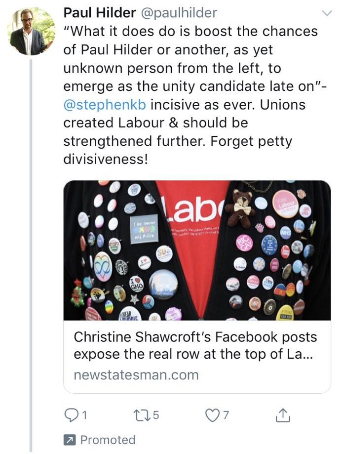 TheRedRoar's tweet photo. Wannabe Labour general secretary @PaulHilder is pumping cash into promoted tweets. Probably doing more harm than good... #GS4TheMany #FakeNewsNetwork https://t.co/B5UhI3AUf1