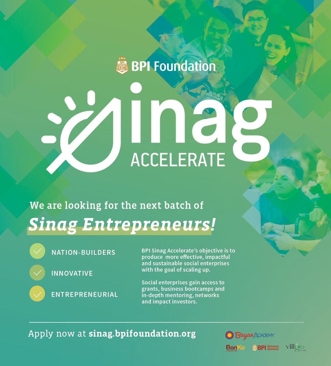 BPISinag's tweet photo. Calling all Social Entrepreneurs! Be part of #BPISinagAccelerate and gain access to intellectual, social, financial capital through bootcamps, access to industry networks, and cash grants -- https://t.co/y3KsrlnUcR https://t.co/ihKamsn0qa