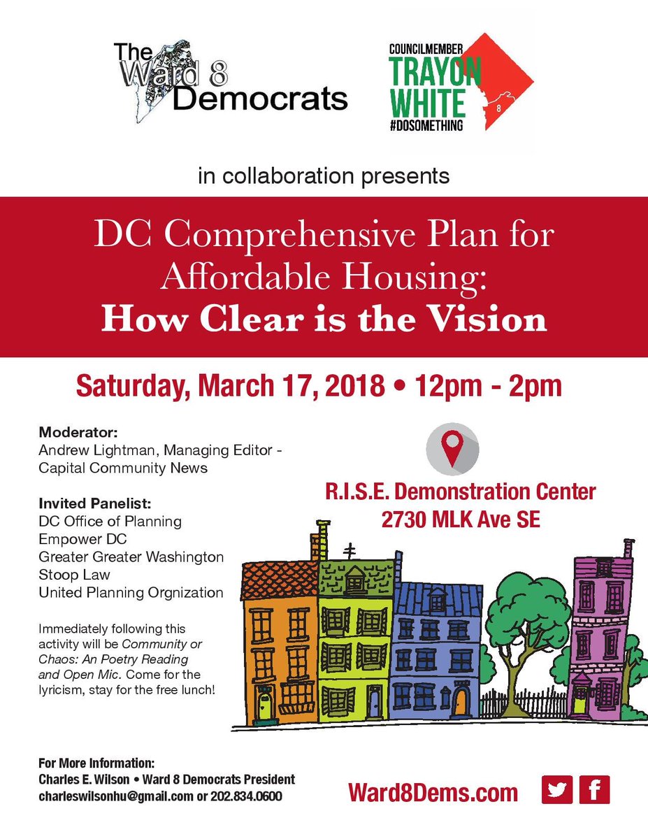CharlesWilsonDC's tweet photo. Join the #Ward8Dems CM @trayonwhite @OPinDC @EmpowerDC @ggwash and others for a discussion on the #ComprehensivePlan. See you on Saturday at the @rise_dc https://t.co/QFDwBv7UJt