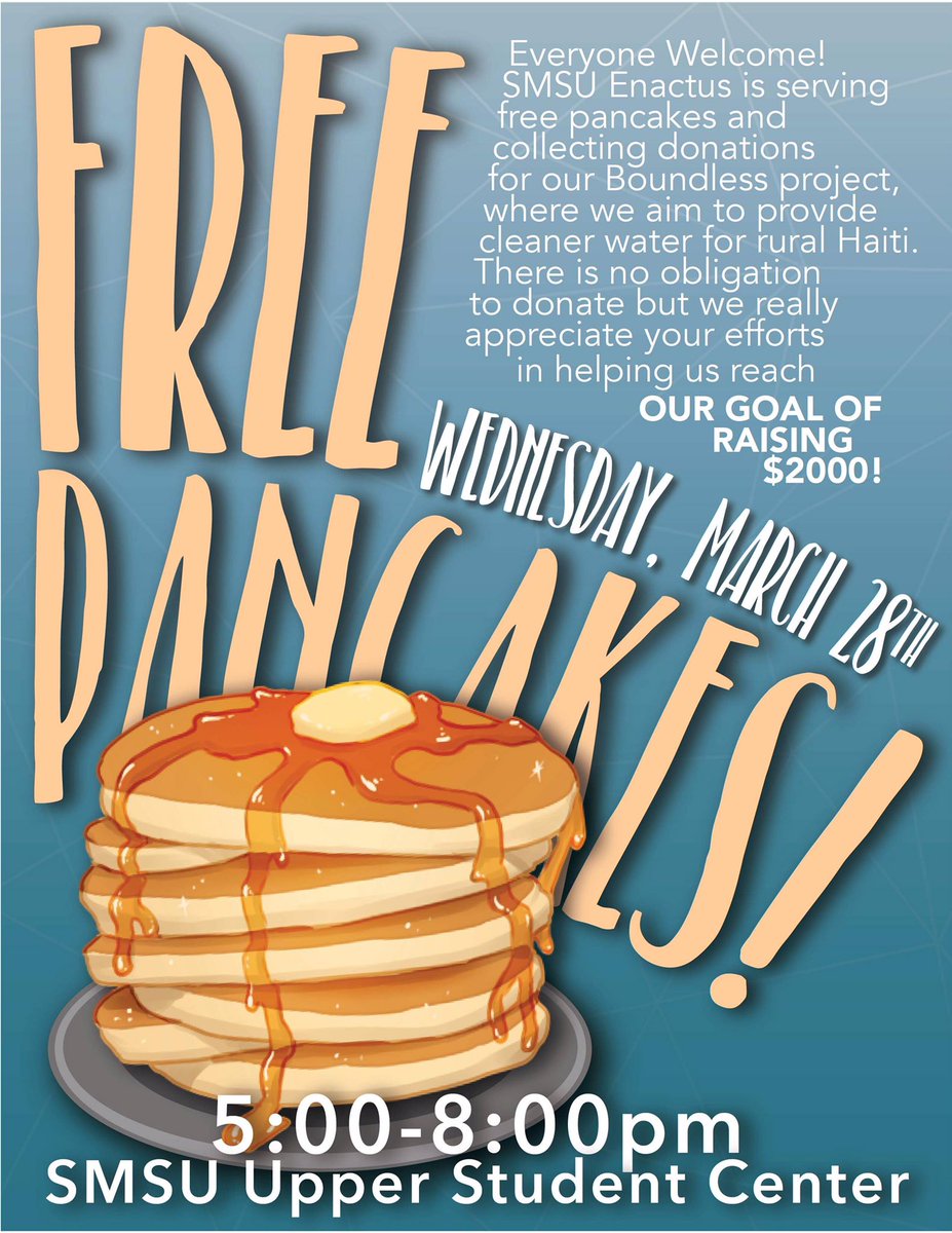 Come join us for some FREE pancakes and learn more about the projects we are working on. If you are unable to attend but would like to donate, you can by clicking the link below! 

give.smsu.edu/campaigns/enac…