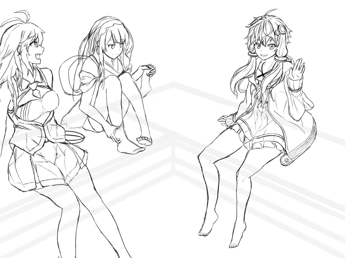 3人の下書き大体できた。
ゆかりさんマキちゃんずんちゃんで足湯の図 