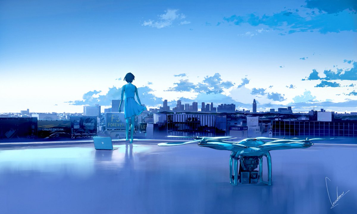 1girl cloud sky scenery blue theme solo signature  illustration images