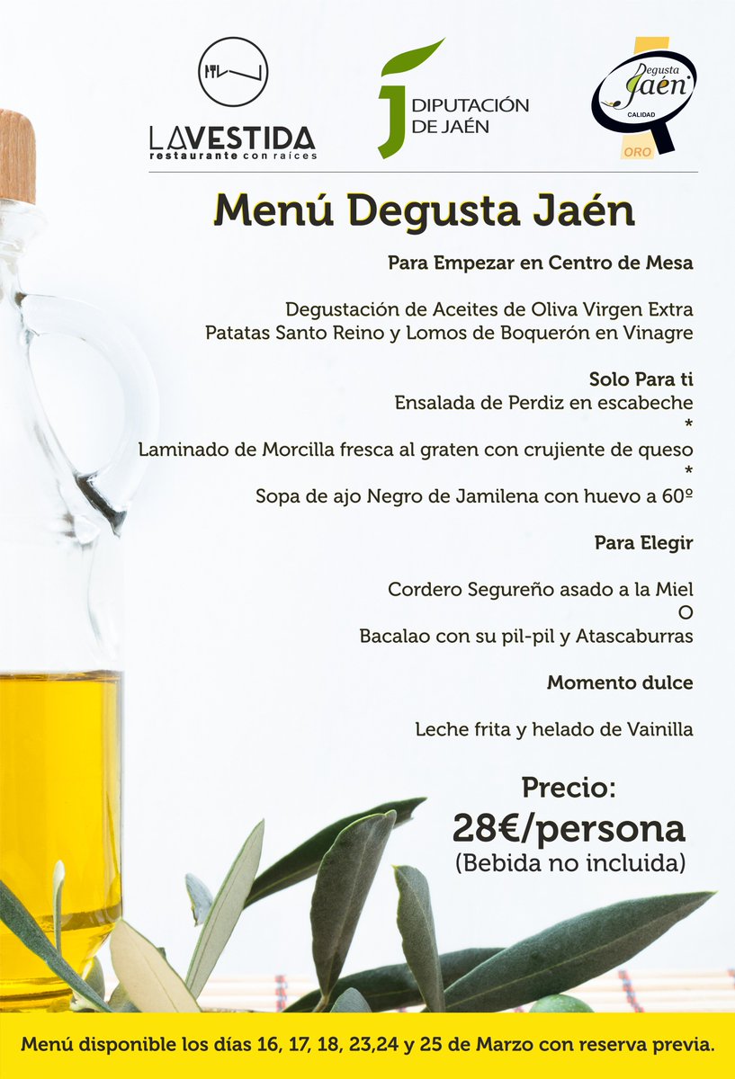 Con las raíces jiennenses y con los aromas de la tierra ..en Restaurante La vestida hemos elaborado nuestro menú Degusta Jaén. Del 16 al 18 y del 23 al 25 de marzo por solo 28€.Reservas: 953 190 806