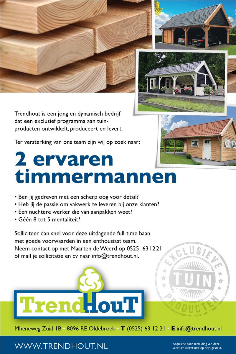Trendhout's tweet photo. Trendhout heeft een 2-tal vacatures beschikbaar! Heb jij oog voor detail? Wil je werken in een jong en dynamisch bedrijf? Reageer dan; 0525 63 1221 en vraag naar Maarten of stuur je motivatie en cv naar info@trendhout.nl https://t.co/Peky3Se7lr