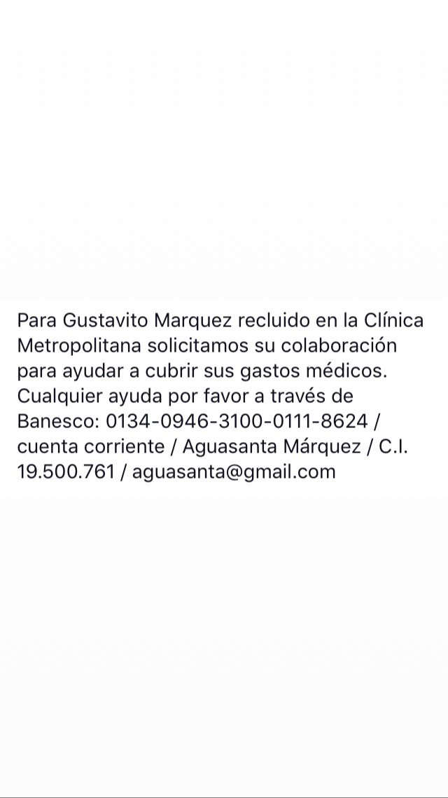 HectorCuatrista's tweet photo. Mi querido pana Gustavo Márquez necesita ayuda para cubrir sus gastos médicos por hospitalización en la Clínica Metropolitana. Info ⤵️ https://t.co/RhaRS3lwum