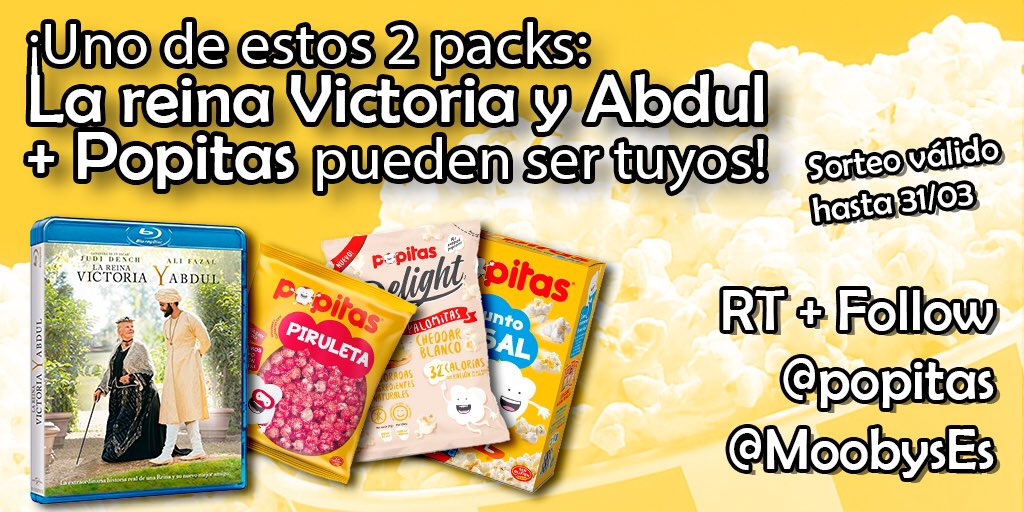 MoobysEs's tweet photo. #SORTEO

Disfruta del #CineEnCasa con este nuevo concurso. 

Sorteamos✌🏼PACKS, "La Reina Victoria y Abdul" 🎞️ + POPITAS🍿

RT + FOLLOW

Válido: España https://t.co/kQlXAKsD5N