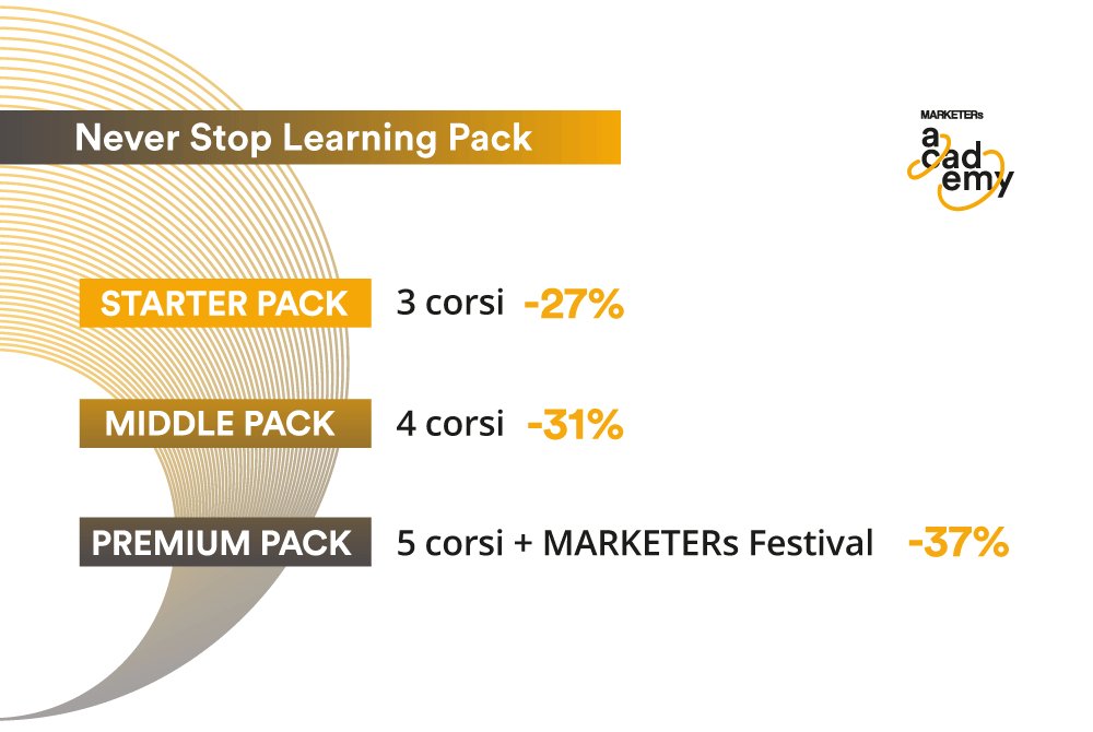 mktrsacademy's tweet photo. 📚 NEVER STOP LEARNING PACK 
Scegli il pacchetto che preferisci e risparmia fino al 37%. Scopri come pianificare i tuoi corsi MARKETERs Academy 👉 https://t.co/xQSWD8GVT4 https://t.co/BQfE90pzSL