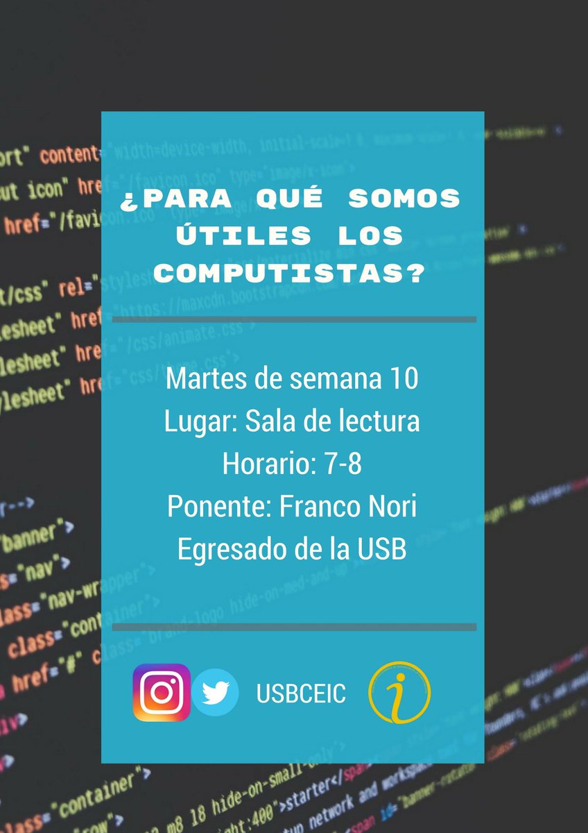 ubicutus's tweet photo. Este martes 13, nuestro CTO estará presente en la Sala de Lectura de Ingeniería en Computación en la Universidad Simón Bolívar. Toda la información está en la imagen.
#evento #event #USB #Ing #computing #computer #computist #internet #web #app #software #programmer #developer https://t.co/S3gtcwdG42