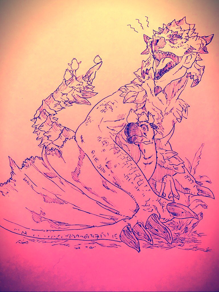 sui_mame's tweet image. 温厚な鳥竜種に育てられたビビりのヘタレウスがクルルママンのピンチには強敵に立ち向かう私得物語 #MHW #モンハン集会で会いましょう