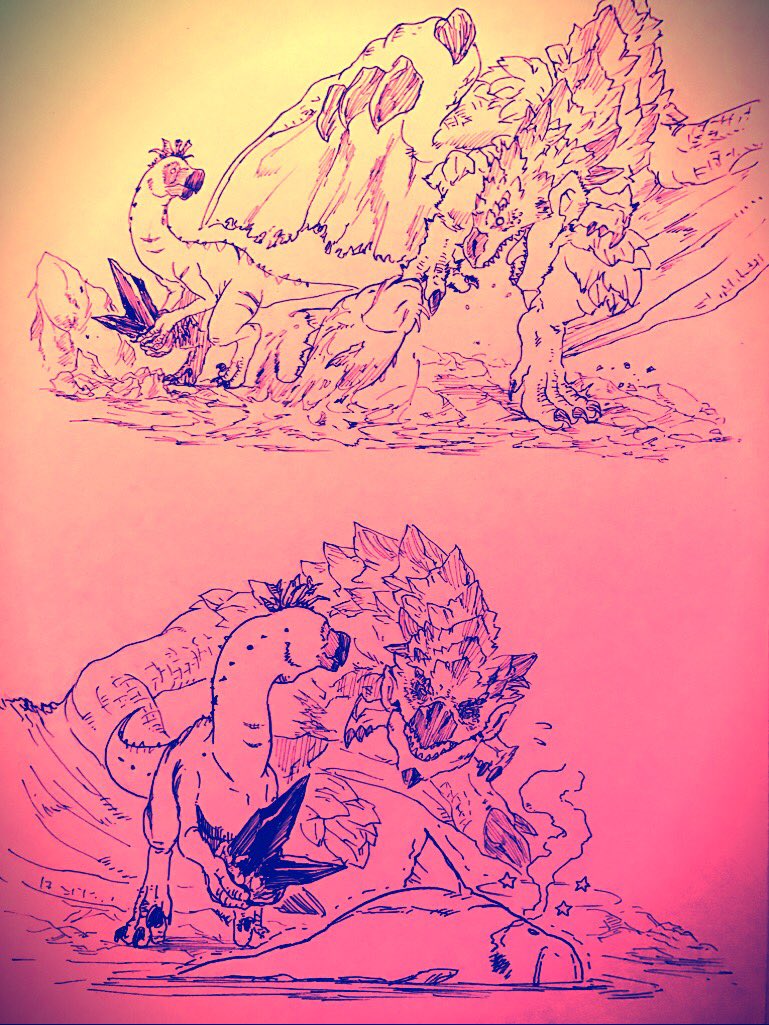 sui_mame's tweet image. 温厚な鳥竜種に育てられたビビりのヘタレウスがクルルママンのピンチには強敵に立ち向かう私得物語 #MHW #モンハン集会で会いましょう