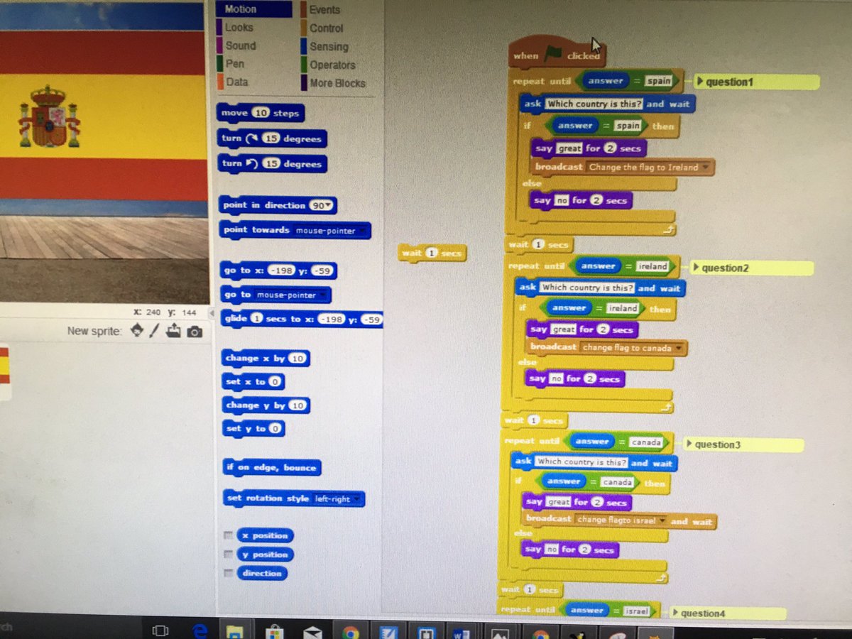 ComputingMrC's tweet image. A nice flag test game created by a Y4 child. #scratchcode #repeatedcode #kidscode @joannajury @SwitchedOnComp @mberry