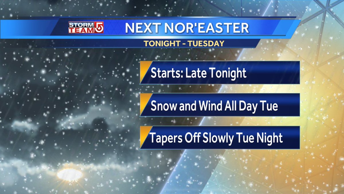 Met_CindyFitz's tweet image. Here&apos;s a closer look at the timeline for our next #noreaster  Snow moves in after midnight... snowing hard Tue AM thru midday with bands in eastern MA producing 1-3&quot;/hr rates and whiteout conditions.  Snow intensity lessons after 8pm.  Tough travel all day. #wcvb