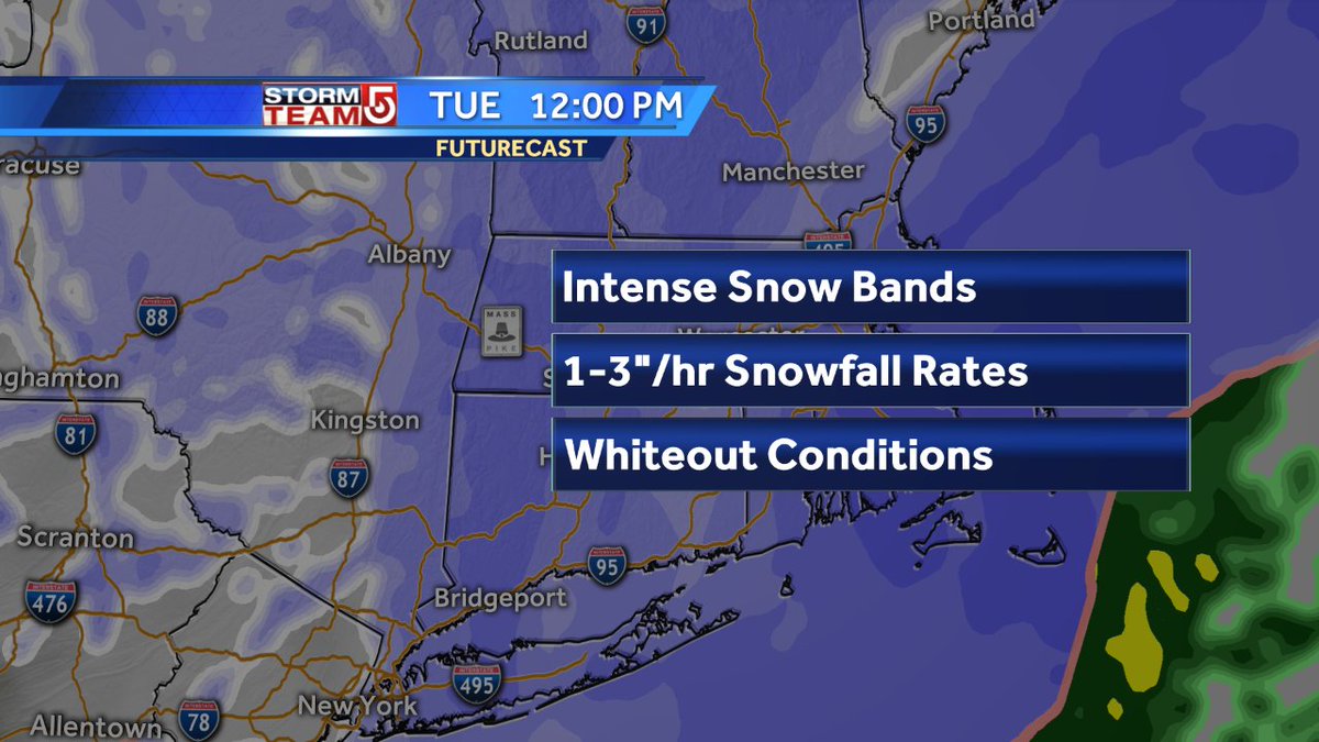Met_CindyFitz's tweet image. Here&apos;s a closer look at the timeline for our next #noreaster  Snow moves in after midnight... snowing hard Tue AM thru midday with bands in eastern MA producing 1-3&quot;/hr rates and whiteout conditions.  Snow intensity lessons after 8pm.  Tough travel all day. #wcvb