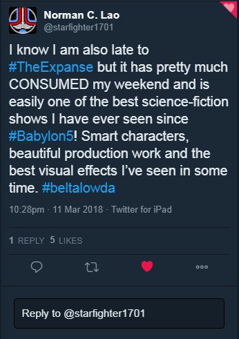 carlostk1's tweet photo. Yesterday recap
@starfighter1701
It's never too late
@zeroisme
Hell yeah!
@ExpanseSYFY
War is coming!
@CarrieCnh12
Yes! More WOC please!
@TightbeamPost
Answer the question y'all
https://t.co/kxWP3StqcW
#TheExpanse https://t.co/U0PTbv2hVY