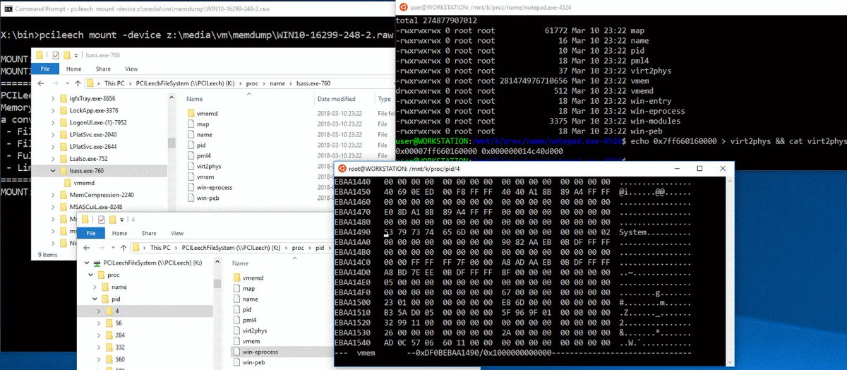 Memory Process File System and PCILeech3 released! Map processes and virtual memory as files &amp; folders!
Use memory dump files or PCIe DMA devices to edit live process memory. More info in blog entry. blog.frizk.net/2018/03/memory… 
github.com/ufrisk/pcileech