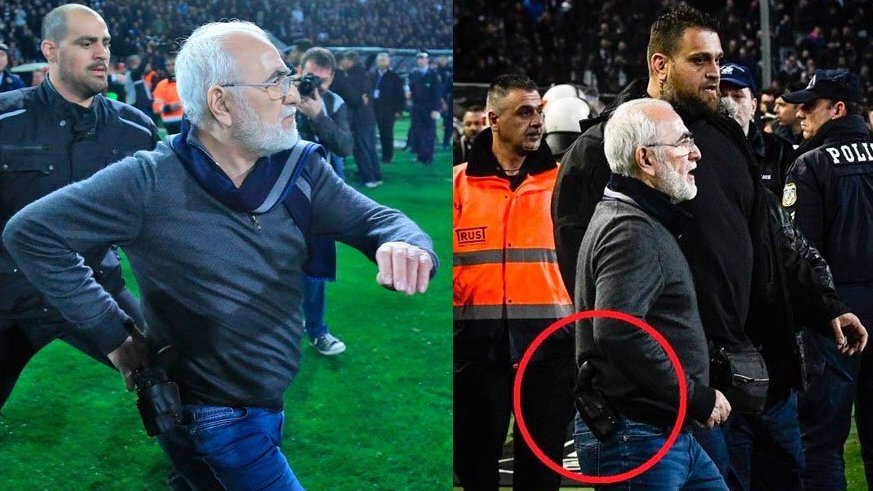 ActuFoot_'s tweet photo. OFFICIEL ! Le gouvernement grec suspend le championnat après l'irruption du président du PAOK sur la pelouse, muni d'une arme. https://t.co/8nHaDhOnJj
