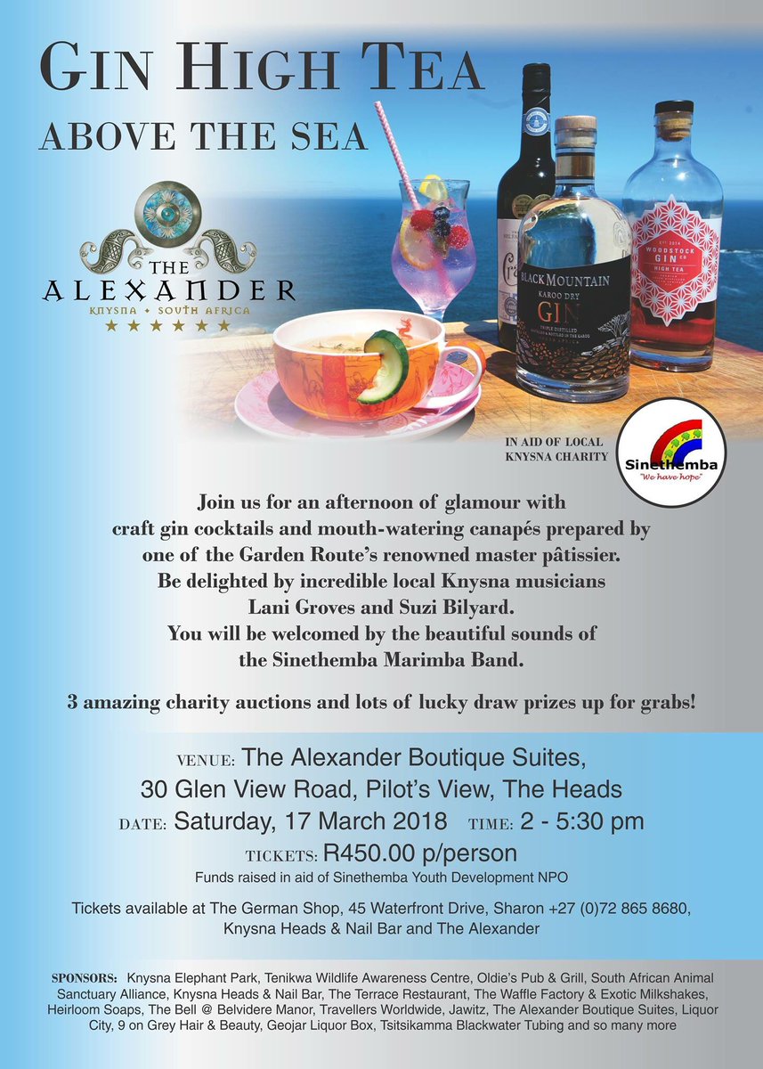 shadreyer's tweet photo. Fantastic fundraiser for @sinethembaydc NPO. All details on poster. Tickets available through me @marleneboyce are you up for this? #knysna #notforprofit #gintasting #ginhightea #charity https://t.co/jKBFoqeQAA