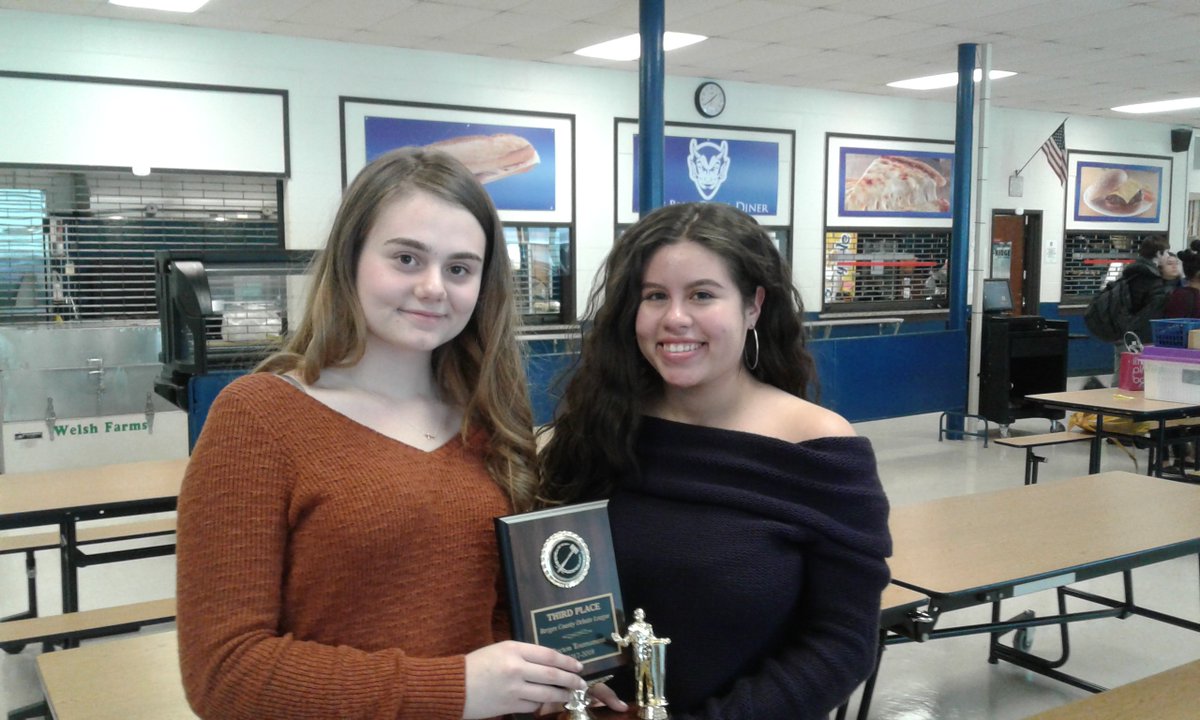 BectonHS's tweet photo. Cindy Muco and Veronica Hernandez grabbed their second trophy of the year with a third place finish out of 16 teams at Friday's #Debate which included Bergen Academies, W-R and River Dell Regional.  Well done Ladies!! #bectonsbest #bectondebate  🐾 https://t.co/c6nQkQTXI4