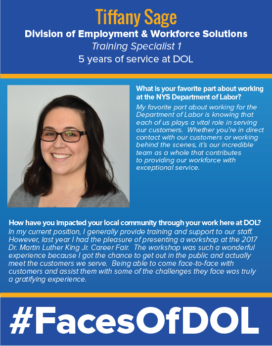 NYSLabor's tweet photo. Happy Monday! Check out our latest #FacesOfDOL nominee, Tiffany Sage! #NYLabor #MondayMotivation https://t.co/On8QwDBRC0