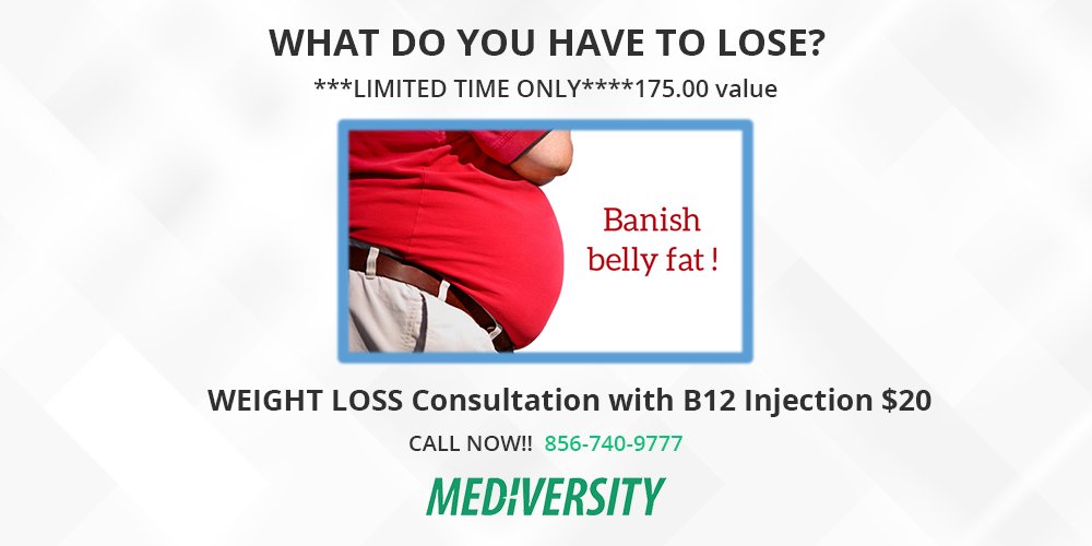Mediversity's tweet image. Weight Loss Consultation with B12 Injection at Mediversity.
Call Now!! 856-740-9777.
mediversity.com  
#weight #weightloss #weightlossconsultation