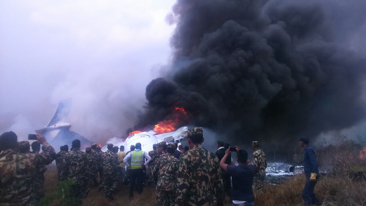 Vision2Double's tweet photo. The BS211 #Aircraft, a Bombardier #dash 8 Q400, was carrying 67 passengers and four #crew #MEMBERS to #Kathmandu from #Dhaka, #Bangladesh. 

#planecrash #updates #tribhuvan #international #Airport #US #Bangladesh #minabasaran #Aircraft #FIRE #Indian #India #Capital #Hospitality https://t.co/mUxXufFkvR