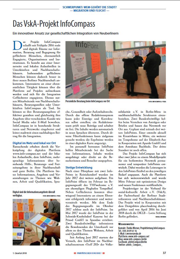 Unser Projektbericht #InfoCompass ist im Rundbrief des #ParitaetBerlin erschienen und auf Seite 37 hier online abrufbar bit.ly/2Gjs5x9 #VskA #DankefürdieMöglichkeit