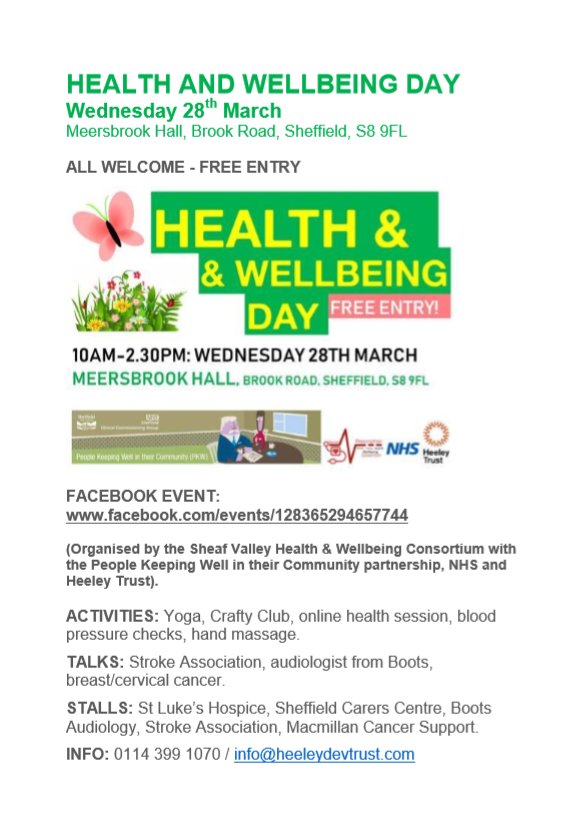 HWSheffield's tweet photo. All welcome - FREE entry!
Health &amp; Wellbeing activities, talks and stalls at Meersbrook Hall, 28th March.
Organised by the Sheaf Valley Health&amp; Wellbeing Consortium with the People Keeping Well in their Community partnership, NHS and Heeley Trust. https://t.co/yCftlSfhMl