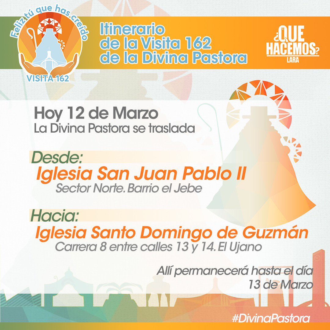 Hoy 12/03 la Divina Pastora se traslada 
.
desde la Iglesia San Juan Pablo II... Sector Norte. Barrio el Jebe.

.
Hacia la Iglesia Santo Domingo de Guzmán en la Carrera 8 entre calles 13 y 14. El Ujano.

.

Allí permanecerá hasta el día 13/03 
#QueHacemosLara #DivinaPastora