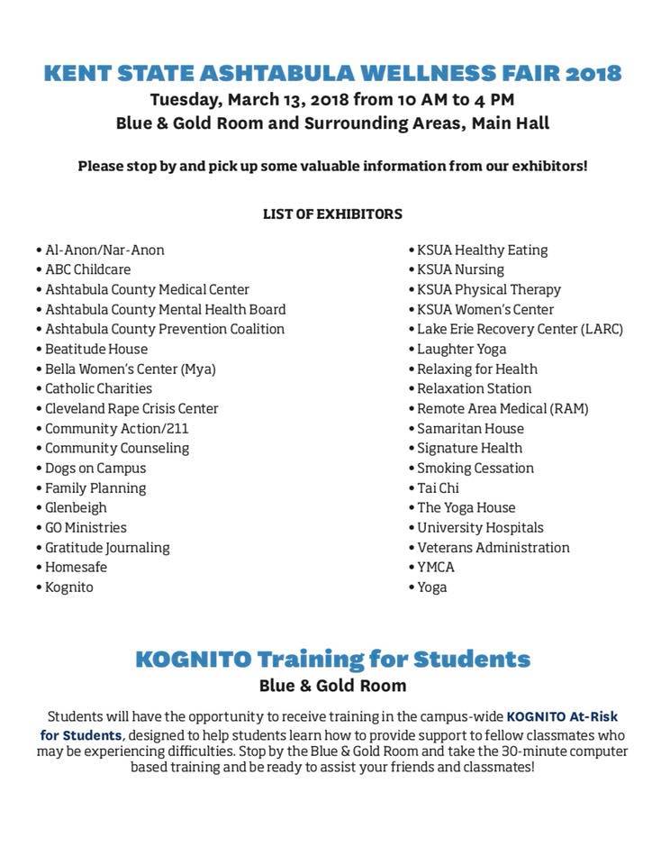 KSU_Ashtabula's tweet photo. Don't miss out on all of the great activities and exhibitors at the annual Wellness Fair on campus Tuesday, March 13, from 10-4 in Main Hall. https://t.co/VYD4mMhJxg