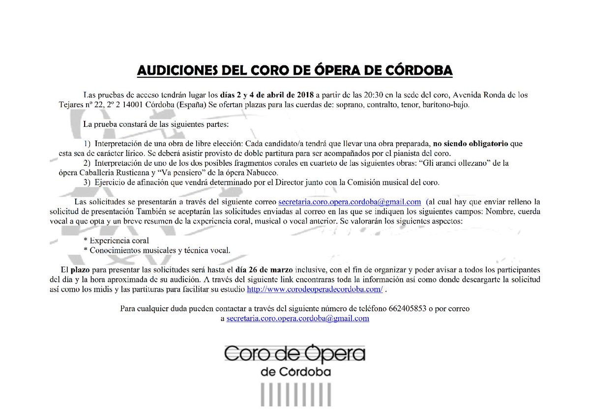 #AUDICIONES 2018 <a href="/CoroOperaCordob/">Coro de Ópera</a> .
Informate, toda la informacion en nuestra web:
corodeoperadecordoba.com