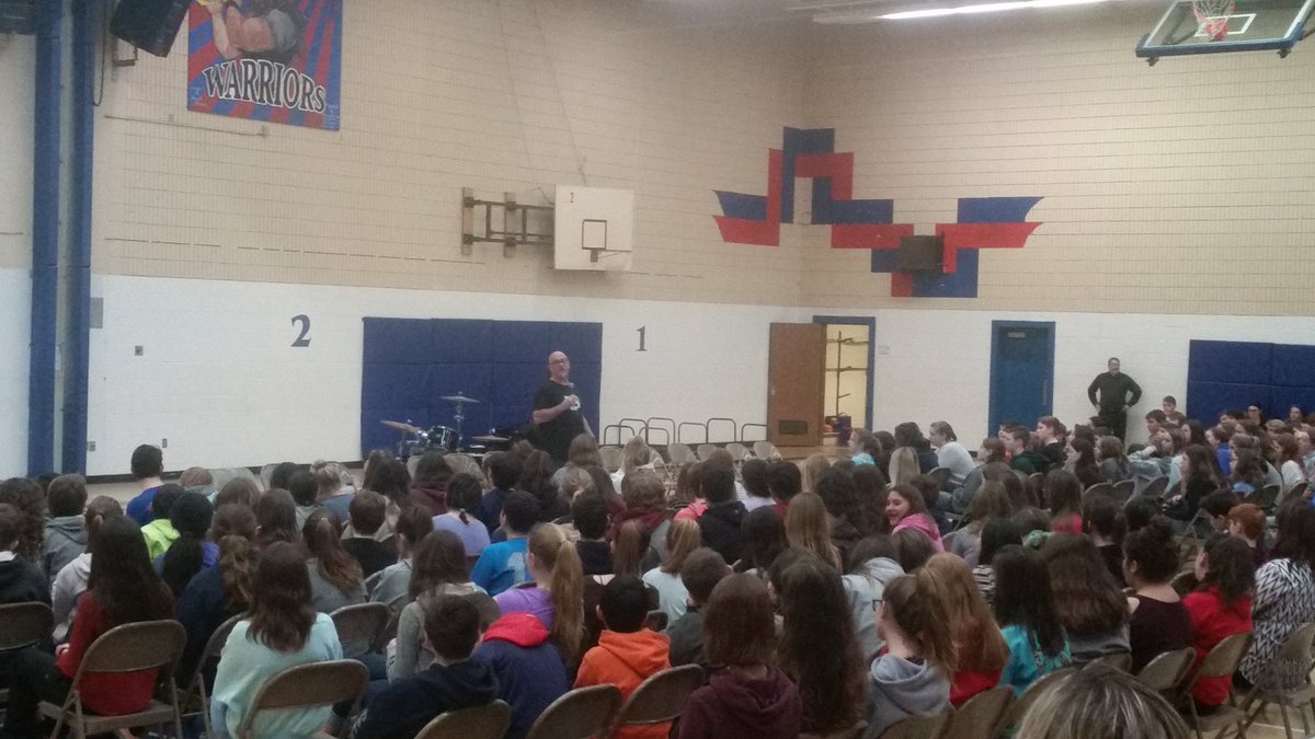 Mitch Dorge motivational speaker and drummer for the Crash Test Dummies visits at East Wiltshire School for an assembly.