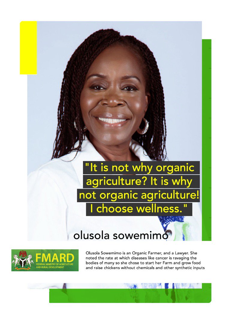 FmardNg's tweet photo. Today, our #IWD2018 Woman in Agriculture is OLUSOLA SOWEMIMO @bequeenelle, an Organic Farmer and Lawyer, who is championing #organic #farming to preserve human health. She says: "For me, it is not why organic agriculture? It is why not organic agriculture! I choose wellness." https://t.co/79sc3SRAkW