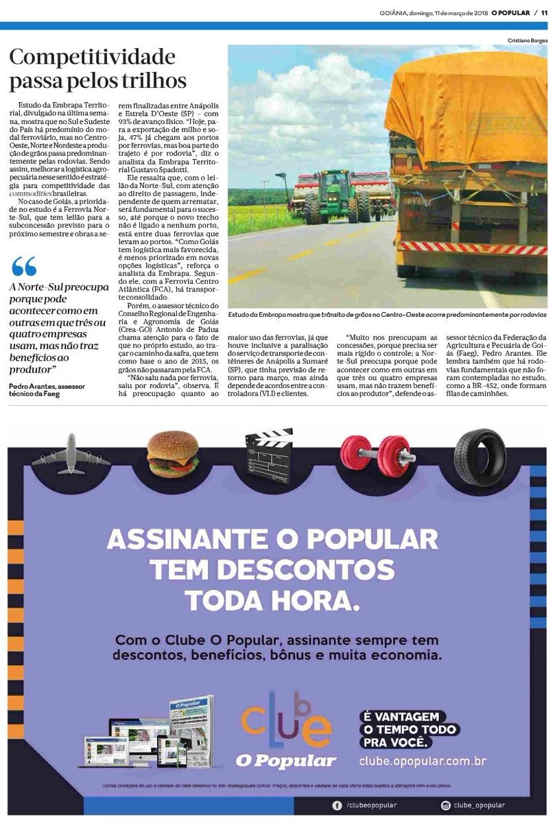 SistemaFaeg's tweet photo. Matéria especial do @jornal_opopular de domingo (11), traz os desafios de escoar a produção desde a porteira em Goiás e no Brasil. O consultor técnico da Faeg, Pedro Arantes,destaca que há rodovias fundamentais que não foram contempladas no estudo da Embrapa Territorial. https://t.co/LHKS0y24TW