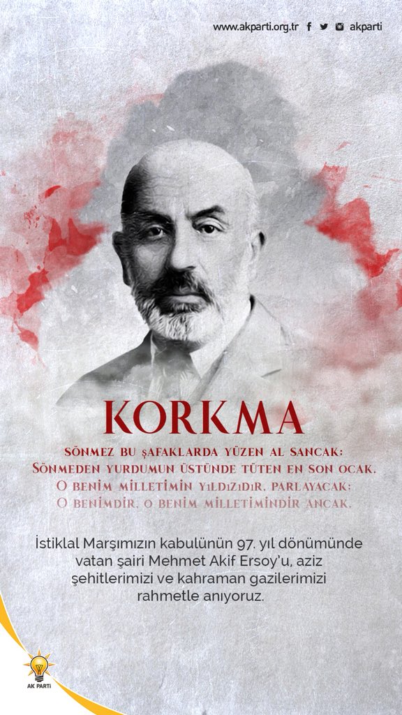 Kurtuluş Mücadelemizi ebedileştiren İstiklâl Marşımızın kabulünün 97.yılını kutluyoruz. İstiklâl Marşı'mızı bizlere armağan eden Milli Şairimiz #MehmetAkifErsoy’la birlikte İstiklal mücadelemizin tüm kahramanlarını rahmet ve minnetle anıyoruz.