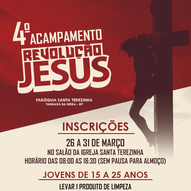 RevolucaoJesus7's tweet photo. Atenção Jovens!

A espera está quase acabando hein, é isso mesmo de 26 a 31 de Março de 2018, inscrições para o 4° Acampamento Revolução Jesus.

Jovens de 15 a 25 anos.

#SeEuTeOlharEuVou #EuSouRevoluçãoJesus https://t.co/BuMHPl6ZHS