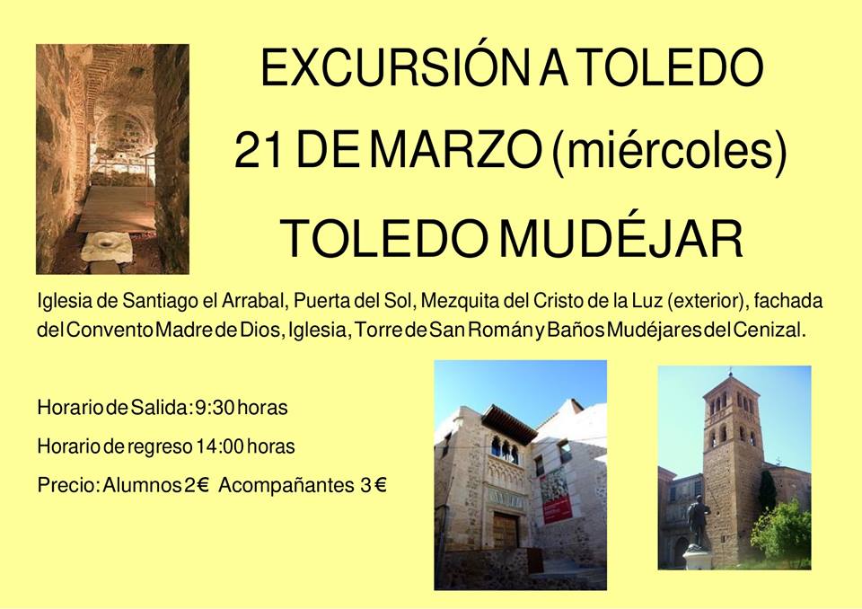 Nos vamos de excursión!! El próximo miércoles 21 de mayo haremos la ruta 'Toledo Mudéjar' del programa de #visitasculturales de la #DiputacióndeToledo Todavía quedan algunas plazas libres. +info en la secretaría del centro.