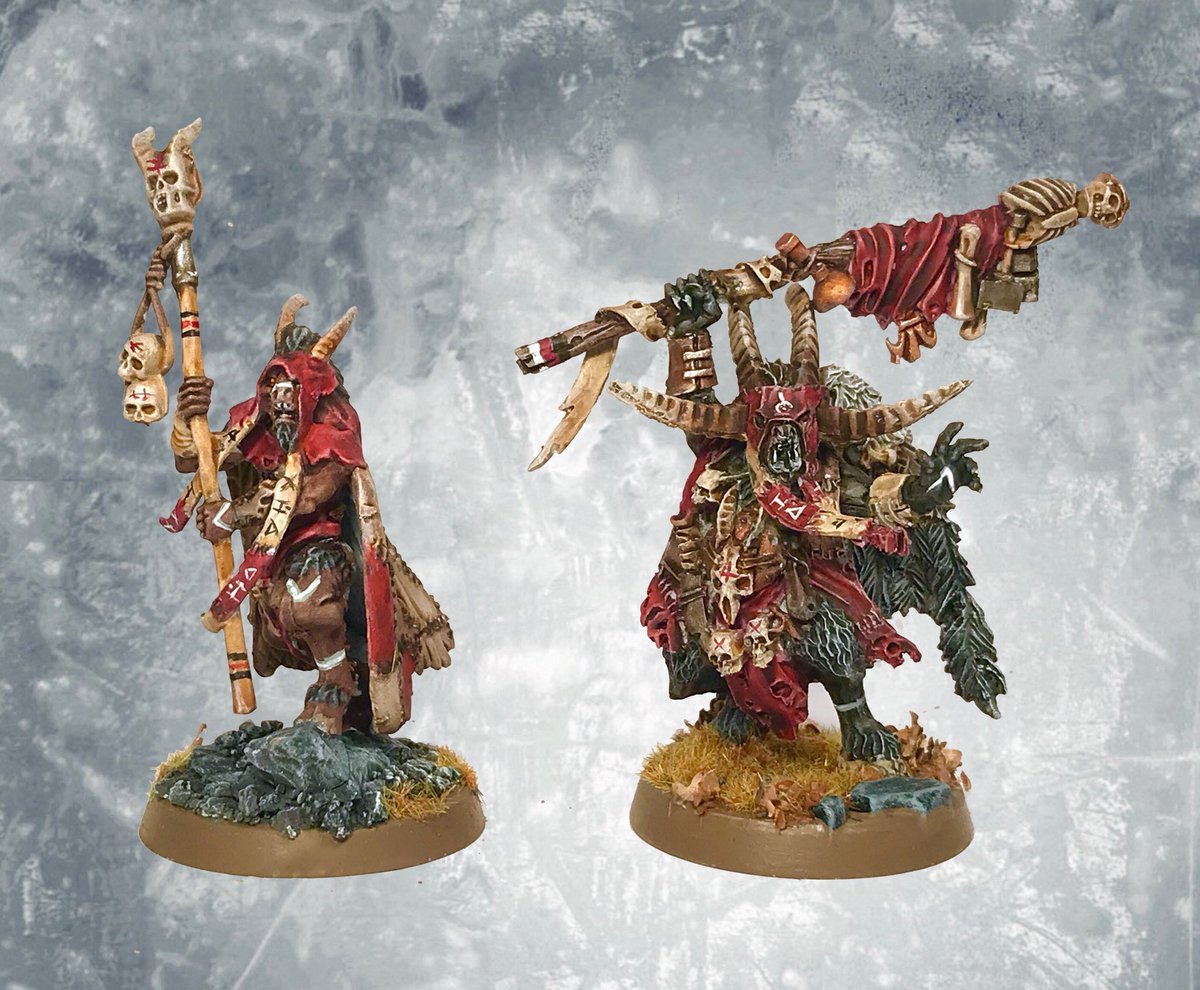 groje's tweet photo. That are Boltrar and Ghorgul, 2 of the 3 shamans of the #Gortide 
The tribe prays to Khorne and summons their idol Bullrog, the demon prince to battle. But that one usually fails and dies quickly, so slowly doubts arise and it’s time for change... #ageofsigmar #miniaturemonday https://t.co/3N5EMeJyO4