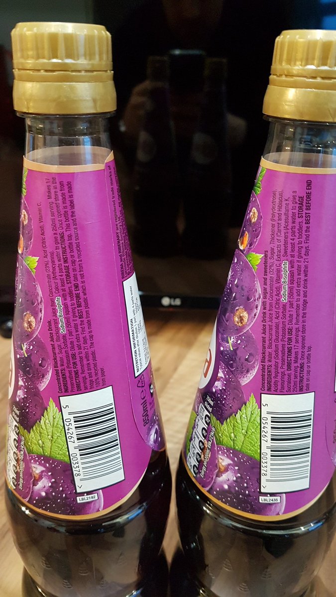 newwales's tweet photo. Spot the difference!, no indication of New recipe "new added sweeteners" I'm really fine with reducing sugars but the "new" recipe is thinner, less blackberry flavour & sweeter because overly sweet sweeteners & indigestion problems @RibenaUK #lesschoice #Ribena #sugartax https://t.co/35wklvmD9x