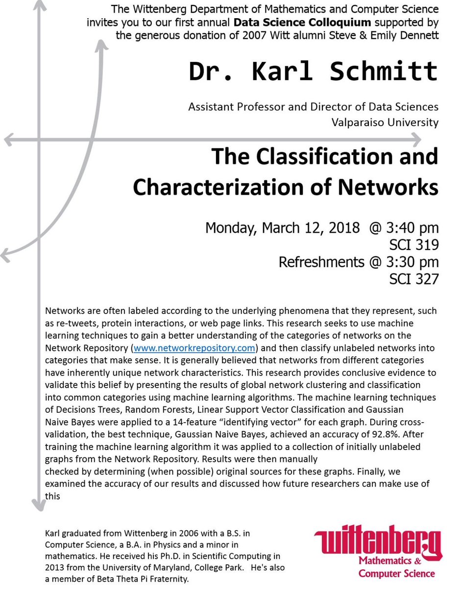 Witt_Math's tweet photo. Happening today: Dr. Karl Schmitt of Valparaiso University will discuss data science and the classification of networks in the BDK Science Center, room 319! https://t.co/fWKzZdJTM6