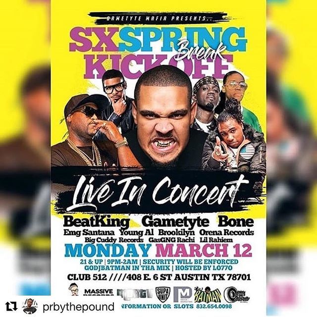 bONEtheMack's tweet photo. #Repost @prbythepound with @get_repost
γ»γ»γ»
Tonight on 6th St at #512on6th #AnyTownUSA will be in the building for @theonlyrealgametyte Official #SXSW @clubgodzila @bonethemack @hustlebelefonte @mobtv
#sxspringbreakkickoff #beatking #gametyte #bone #godjbatman #club512 #atx β¦ https://t.co/7mn3qiDtRN