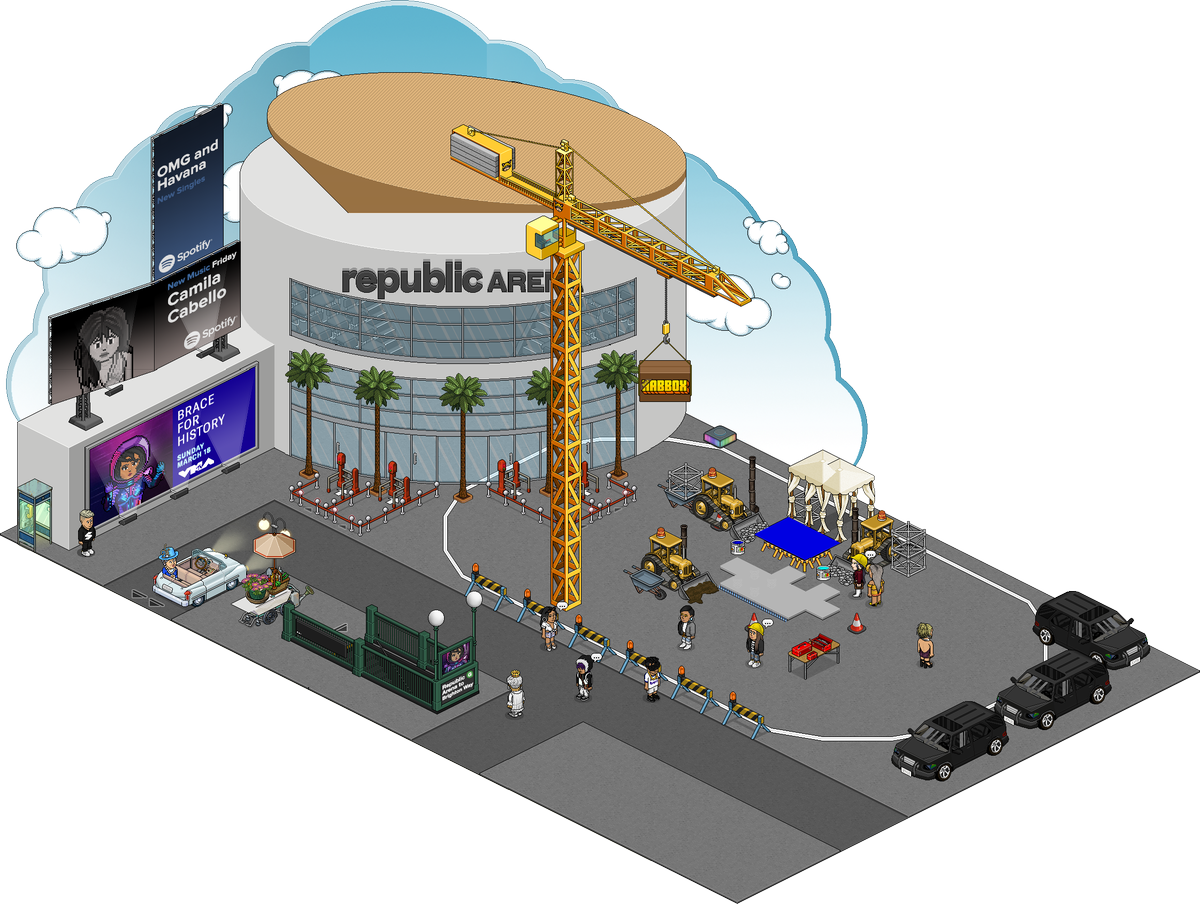 habborepublic's tweet photo. You guys won't believe this but... #HabboVMAs CARPET construction is happening right now at 'Republic Arena' in #HABPOPLA! 

Sources say production is gearing to have the official carpet dome up by TONIGHT. More updates coming soon. https://t.co/ckCxIPUBOc https://t.co/ifMxugXFUY