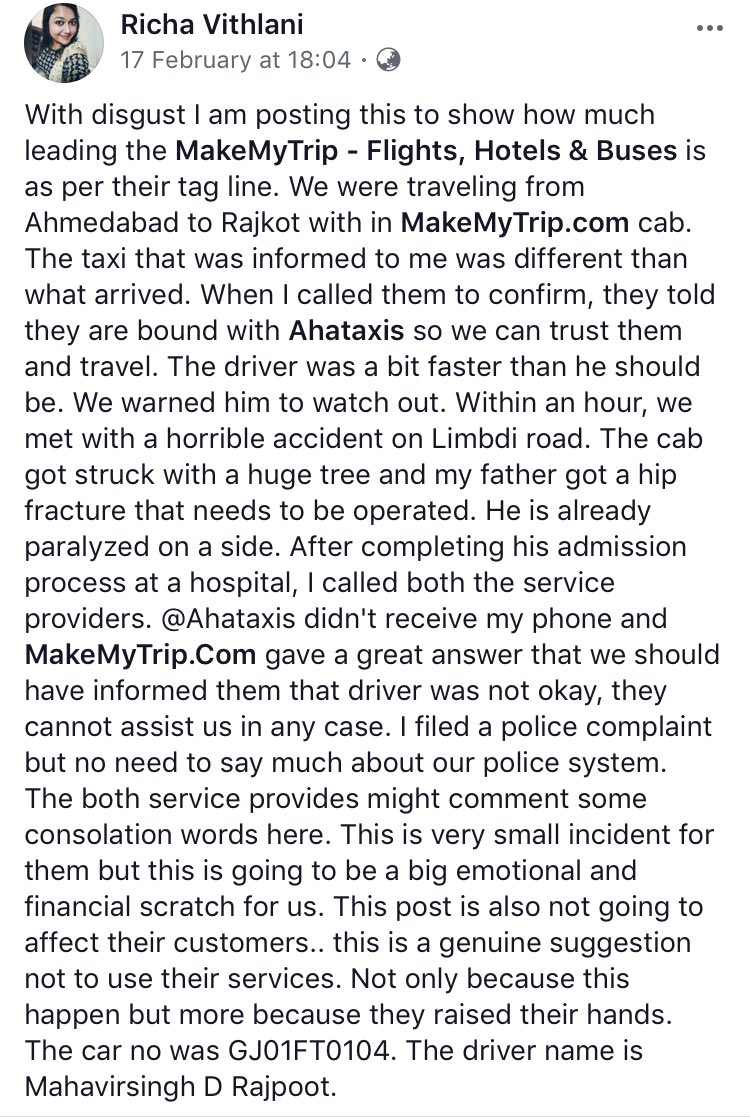 Swaty_Here's tweet photo. How inhuman you can be @makemytrip @makemytripcare? A terrible incident with @RightousRicha! Putting someone’s life in danger and then offering 500 Rs as it’s price? Like really guys? Is this the reason stars like @RanveerOfficial and @aliaa08 represent your brand? #Fail #Shame https://t.co/8F5gQhdw9R