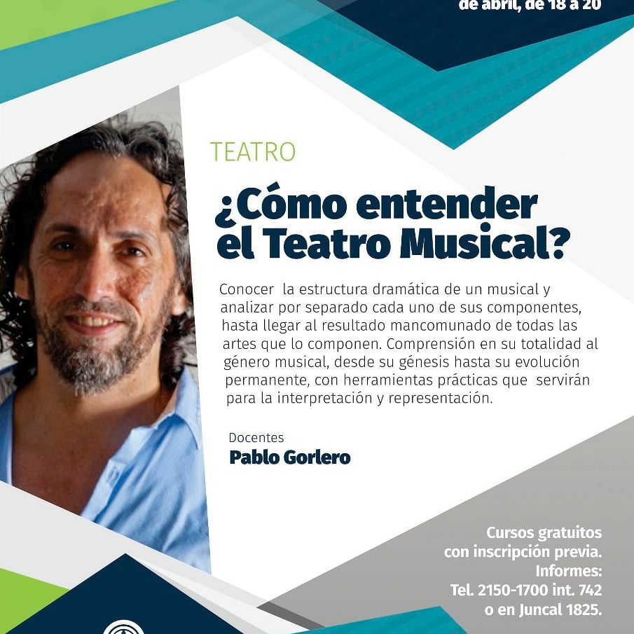 urso Gratuito
Cómo entender el Teatro Musical ? por Pablo Gorlero 
Lunes de Abril de 18.00 a 20.00
Inscripción telefónica en Argentores
<a href="/PabloGorlero/">Pablo Gorlero</a> <a href="/Argentorescult/">Cultura Argentores</a>