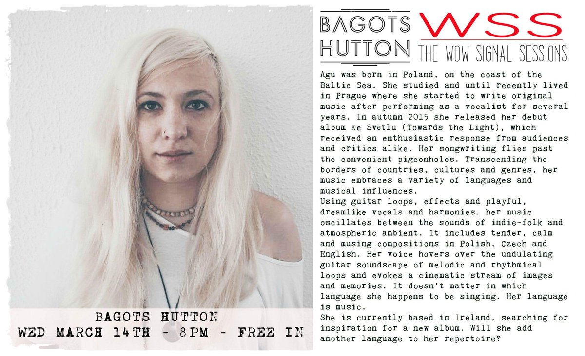 wowsigsessions's tweet photo. 1st Feature Act at the top of the @wowsigsessions card in @BagotsHutton on Wednesday is the epic @jagnieshka #AGU 😯

#irishmusic #Dublin #dublingigs #IrelandsBestUnsigned #dublinireland #irishgigs #Galway #irishmusicparty #igersireland  #FreeIn #Ireland #music #BagotsHutton https://t.co/TqhBRfcgpT