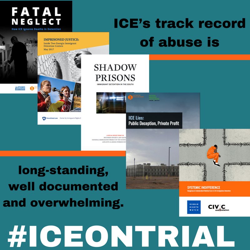 DetentionWatch's tweet photo. Some of the many investigations into @ICEgov practices that prove that immigration detention is fraught w/ abuse, mismanagement &amp; a culture of secrecy. This week, we'll be posting evidence making the case for ICE to be dismantled. Do you have evidence? Submit using #ICEonTrial https://t.co/EkalderfY6